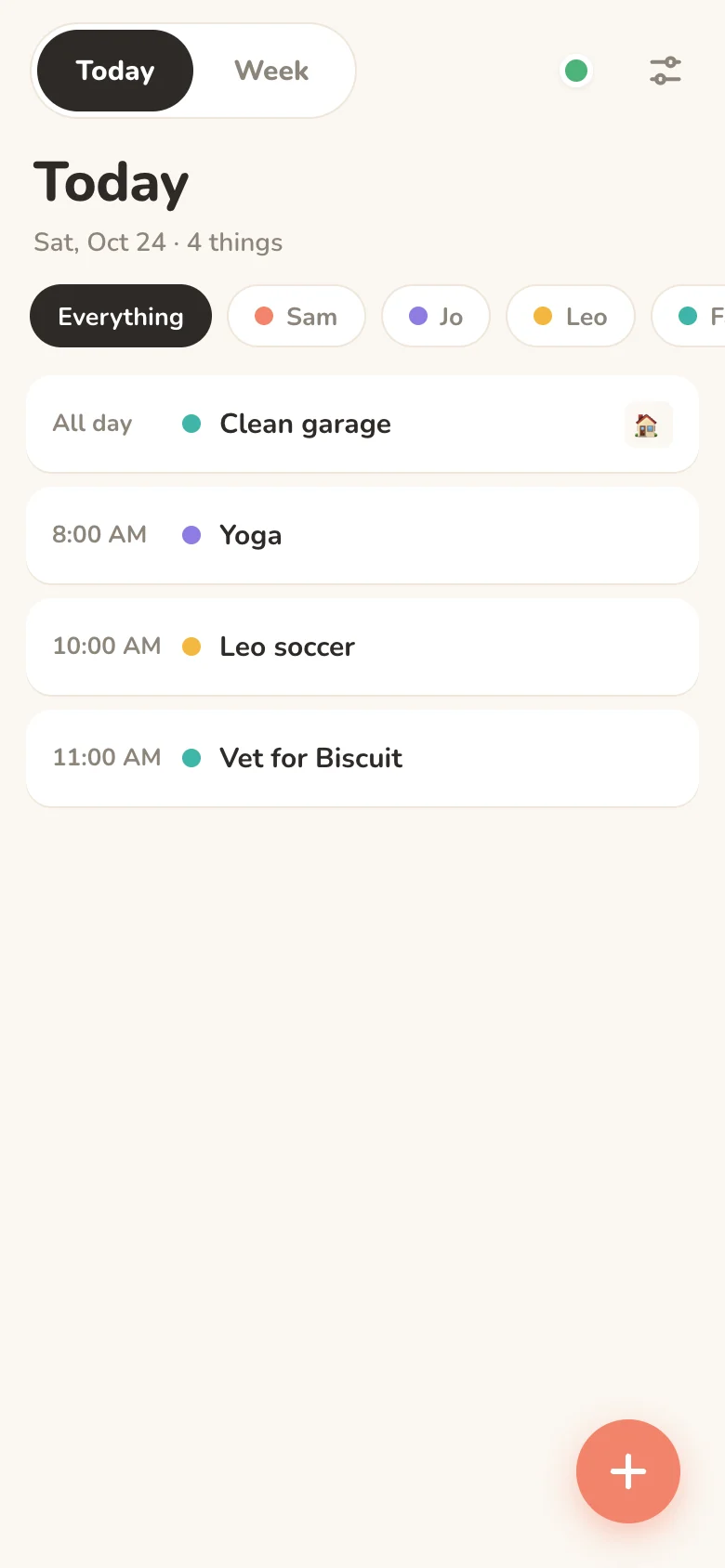 Magnetday on a phone: today's events, each with a colored dot for the person.